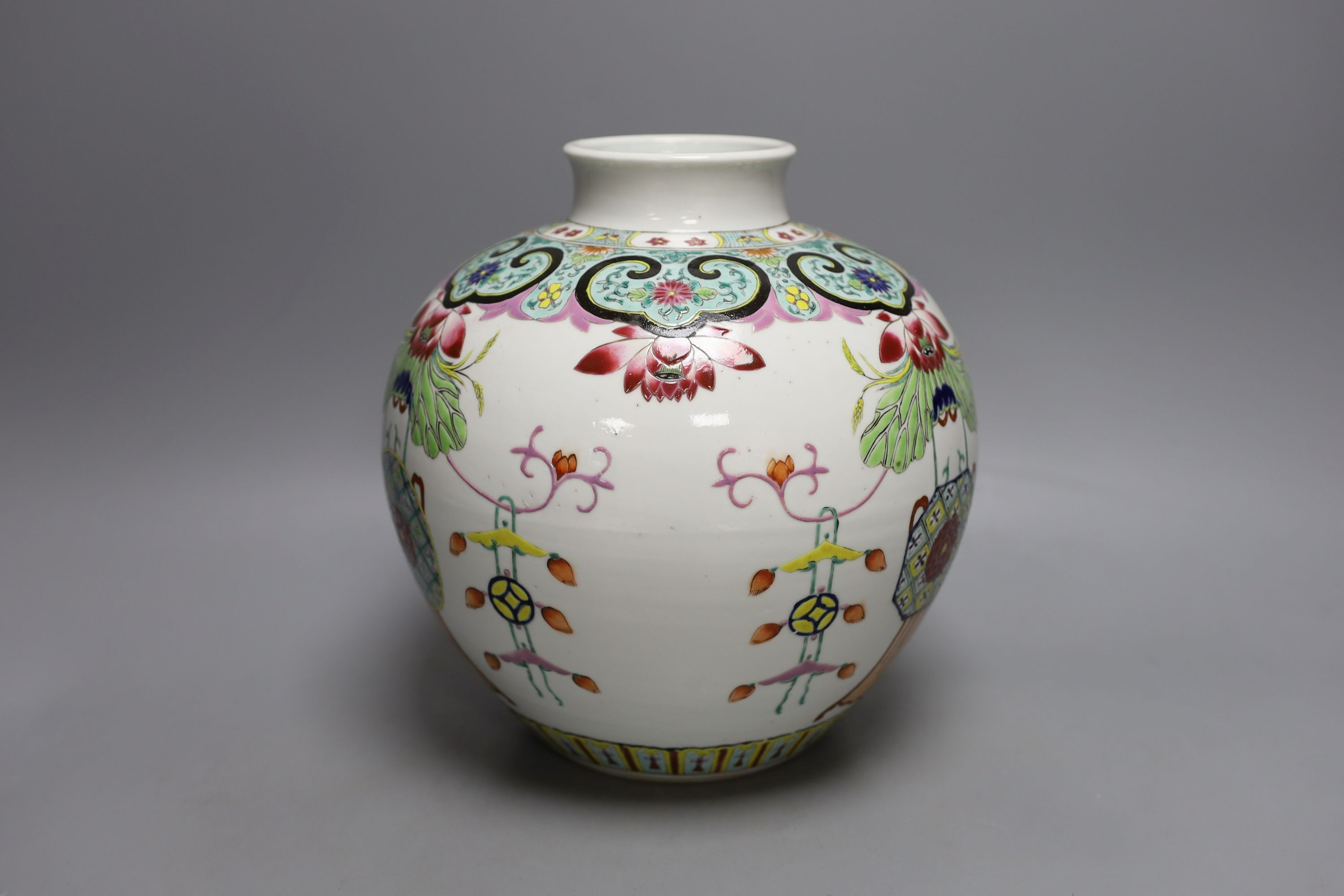A Chinese famille rose ovoid vase, Yongzheng mark but 19th century - 23cm tall